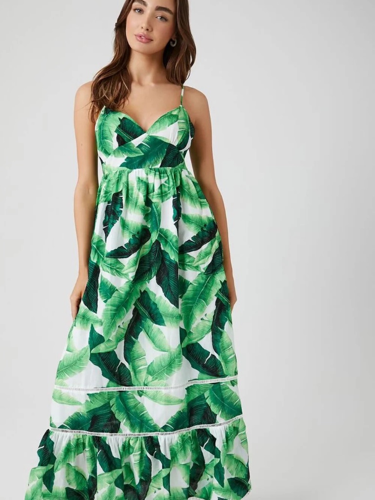 Tropical Leaf Print Maxi Dress Size Small S Aloha Sundress Beach Coastal Summer